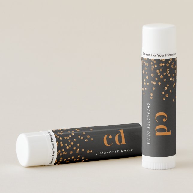 Black gold monogram glitter drops script luxury lip balm (Front)