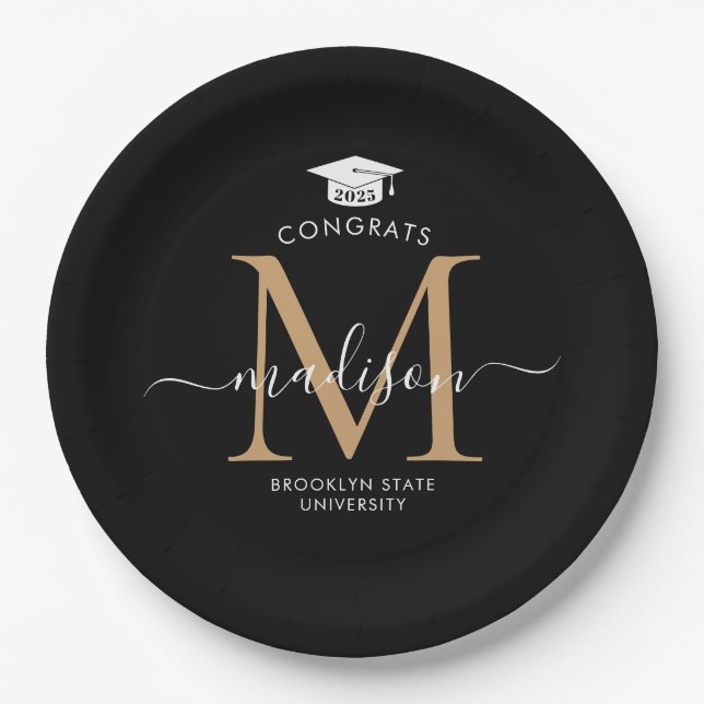 Black Gold Monogram Graduate Cap Party Graduation Paper Plates (Front)