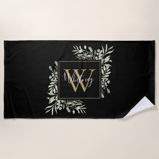Black Gold Monogram Greenery Floral Beach Towel (Front)