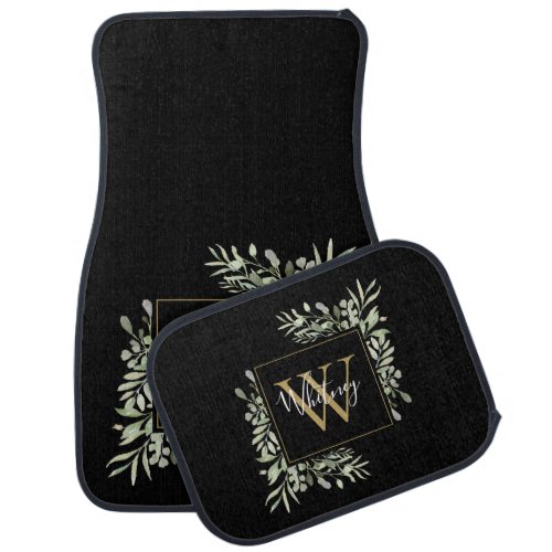 Black Gold Monogram Greenery Floral Car Floor Mat