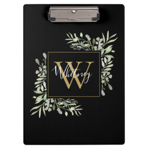 Black Gold Monogram Greenery Floral Clipboard