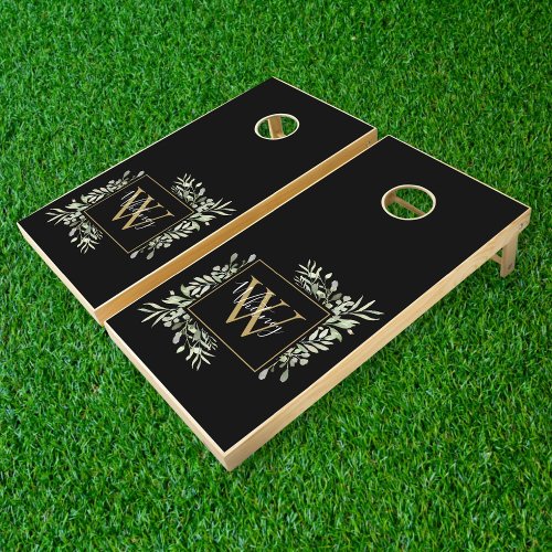 Black Gold Monogram Greenery Floral Cornhole Set