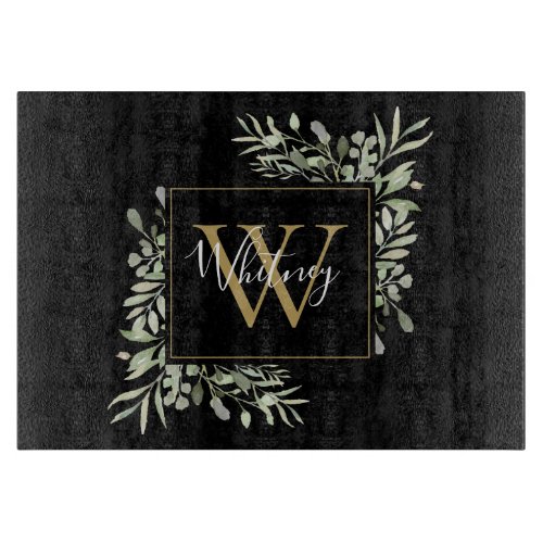 Black Gold Monogram Greenery Floral Cutting Board