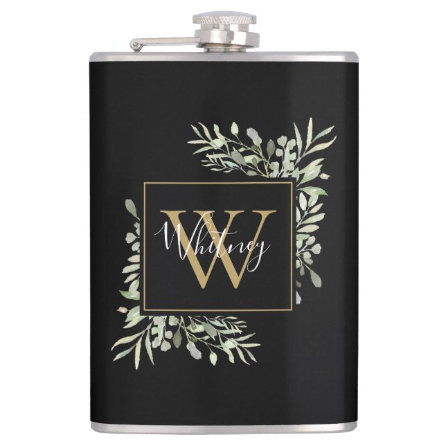 Black Gold Monogram Greenery Floral  Flask (Front)
