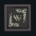 Black Gold Monogram Greenery Floral Gift Box<br><div class="desc">Elegant watercolor greenery leaves floral monogram name gift box featuring a gold monogram initial on a black background with your name set in a stylish white script. Designed by Thisisnotme©</div>