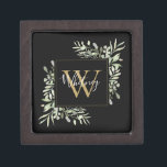 Black Gold Monogram Greenery Floral Gift Box<br><div class="desc">Elegant watercolor greenery leaves floral monogram name gift box featuring a gold monogram initial on a black background with your name set in a stylish white script. Designed by Thisisnotme©</div>
