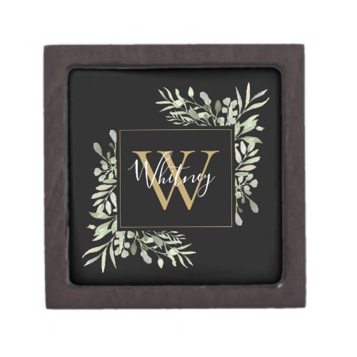 Black Gold Monogram Greenery Floral Gift Box