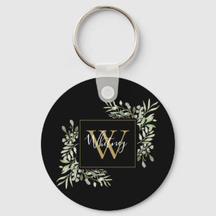 Black Gold Monogram Greenery Floral Keychain
