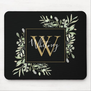 Black Gold Monogram Greenery Floral Mouse Pad