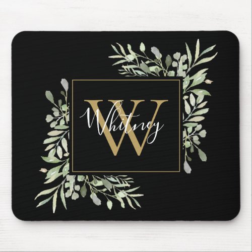 Black Gold Monogram Greenery Floral  Mouse Pad