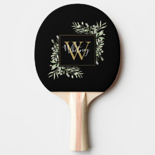 Black Gold Monogram Greenery Floral  Ping Pong Paddle