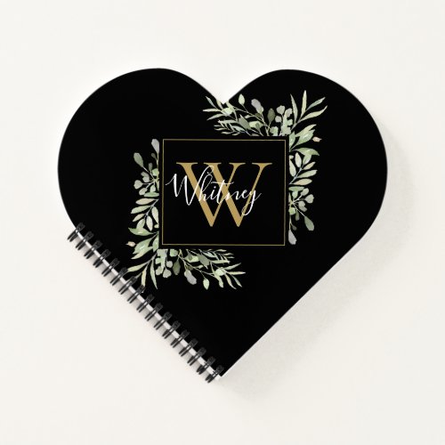 Black Gold Monogram Greenery Notebook