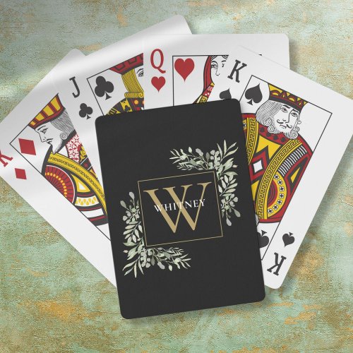 Black Gold Monogram Greenery Personalized  Poker Cards