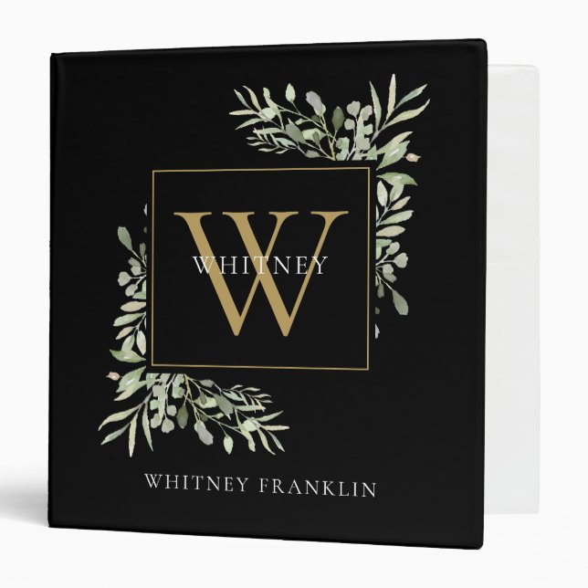 Black Gold Monogram Greenery School Office 3 Ring Binder (Front/Inside)