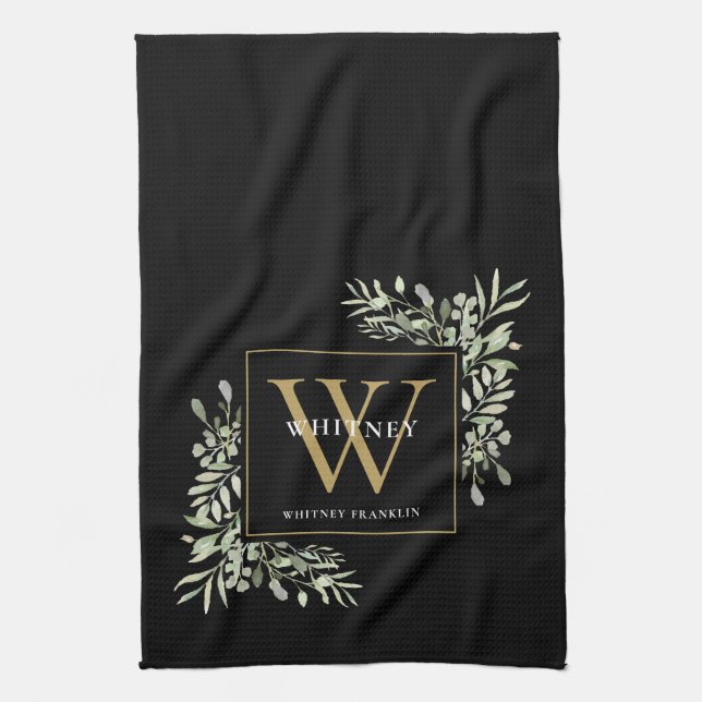 Black Gold Monogram Greenery Watercolor Leaves Kit Kitchen Towel (Vertical)