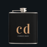 Black gold monogram groomsman flask<br><div class="desc">A classic black background,  golden colored text. Personalize and add your monogram initials and your name. For wedddings,  groomsmen,  birthdays.</div>