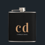 Black gold monogram groomsman flask<br><div class="desc">A classic black background,  golden colored text. Personalize and add your monogram initials and your name. For wedddings,  groomsmen,  birthdays.</div>