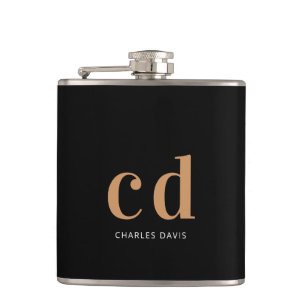 Black gold monogram groomsman flask