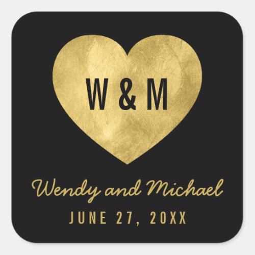 Black  Gold Monogram Heart Save the Date Wedding Square Sticker
