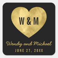 Black & Gold Monogram Heart Save the Date Wedding Square Sticker