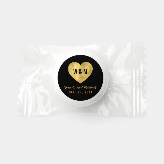 Black & Gold Monogram Heart Wedding Life Saver® Mints (Front)