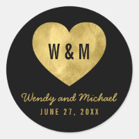 Black & Gold Monogram Heart Wedding Save the Date Classic Round Sticker