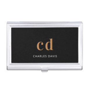 Black gold monogram initails name minimalist business card case