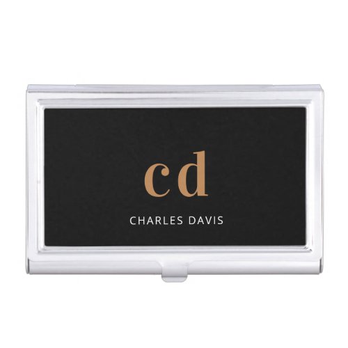 Black gold monogram initails name minimalist business card case