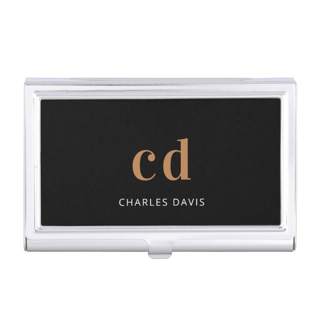 Black gold monogram initails name minimalist business card case (Front)
