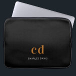 Black gold monogram initails name minimalist laptop sleeve<br><div class="desc">A classic chic black background. Personalize and add your monogram initials written with white block letters and your name in white. Modern,  trendy and simple.</div>