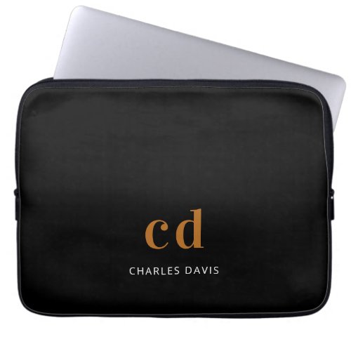 Black gold monogram initails name minimalist laptop sleeve