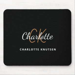 Black gold monogram initails name minimalist mouse pad