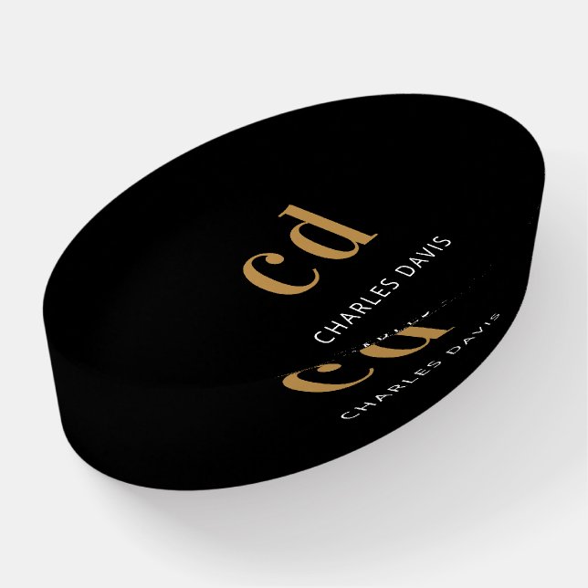 Black gold monogram initails name minimalist paperweight (Angled)
