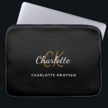 Black gold monogram initails name script laptop sleeve<br><div class="desc">A classic chic black background. Personalize and add your first name,  monogram initials and full name. The first name is written with a modern hand lettered style script. Modern,  trendy and simple.</div>
