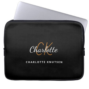 Black gold monogram initails name script laptop sleeve