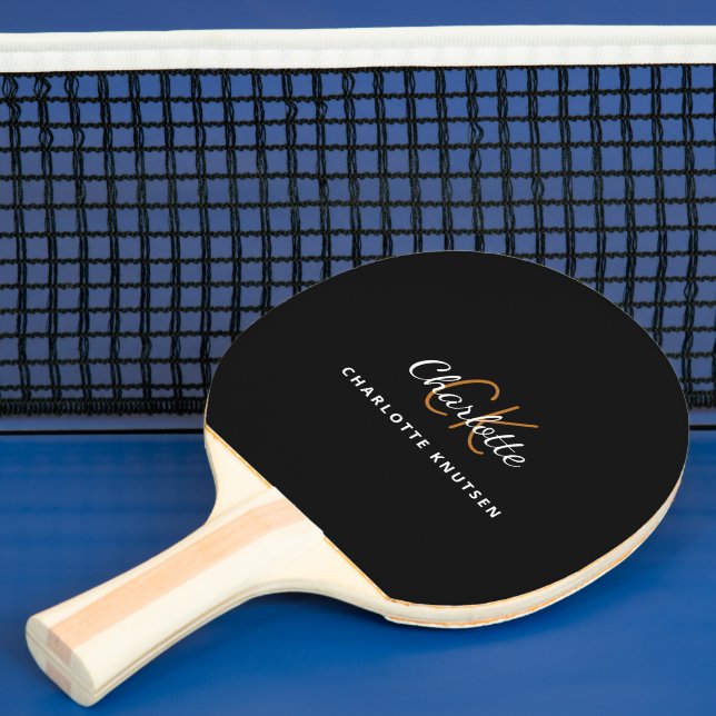 Black gold monogram initails name script ping pong paddle (Insitu)