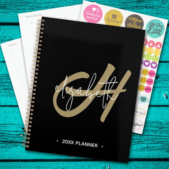 Black Gold Monogram Initial Monthly Weekly  Planner (Monogrammed Planner, inside pages and stickers)