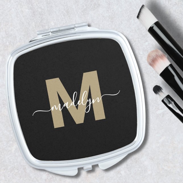 Black Gold Monogram Initial Name Compact Mirror (Black Gold Monogram Initial Name Compact Mirror)