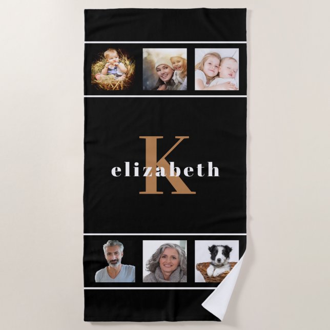 Black gold monogram initial photo collage modern beach towel (Front)