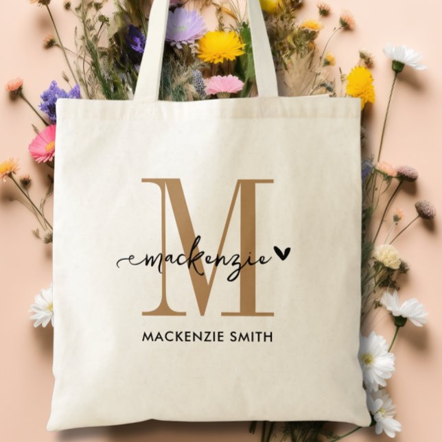 Black Gold Monogram Initial Script Name Heart Tote Bag (Creator Uploaded)