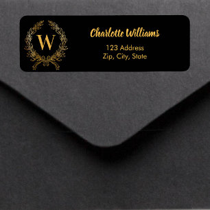 Black gold monogram initial wreath return address label