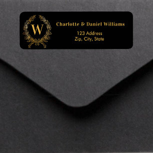 Black gold monogram initial wreath return address label