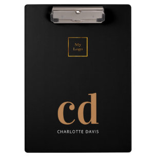 Black gold monogram initials business logo clipboard