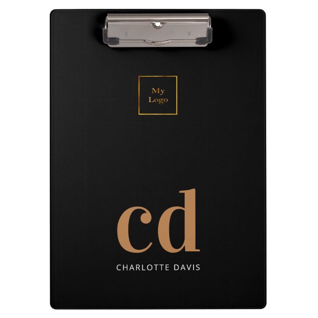 Black gold monogram initials business logo clipboard (Front)