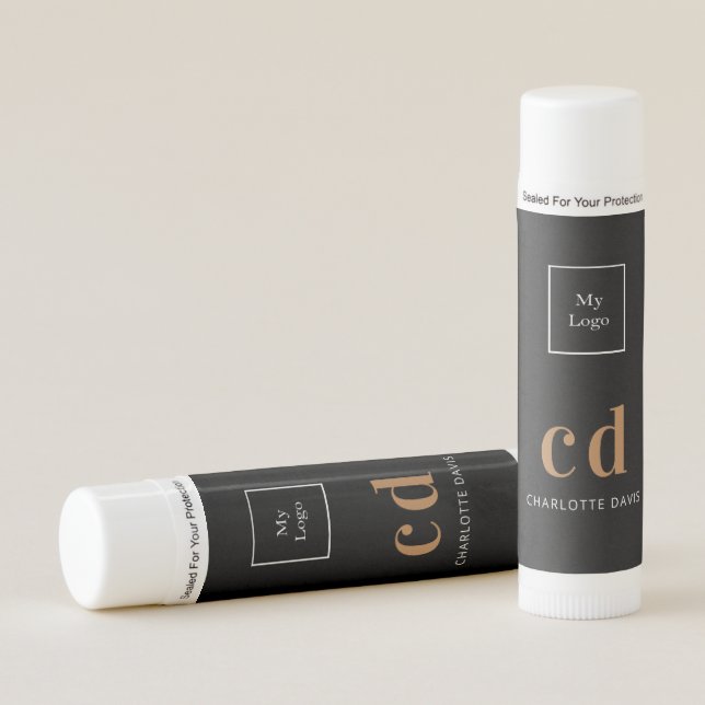 Black gold monogram initials business logo lip balm (Front)
