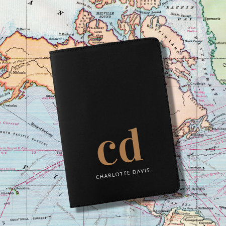 Black Gold Monogram Initials Elegant Minimalist Passport Holder