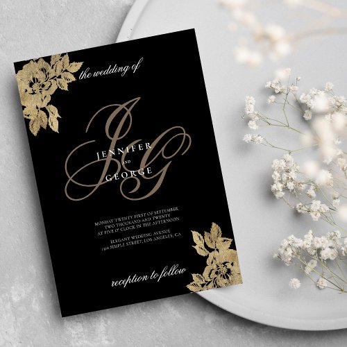 Black gold monogram initials glam floral wedding invitation