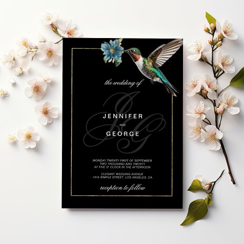 Black gold monogram initials hummingbird wedding  invitation
