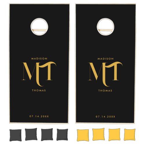 Black  Gold Monogram Initials Letters Wedding Cornhole Set