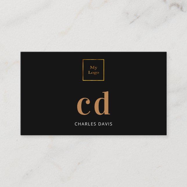 Black gold monogram initials logo business card (Front)